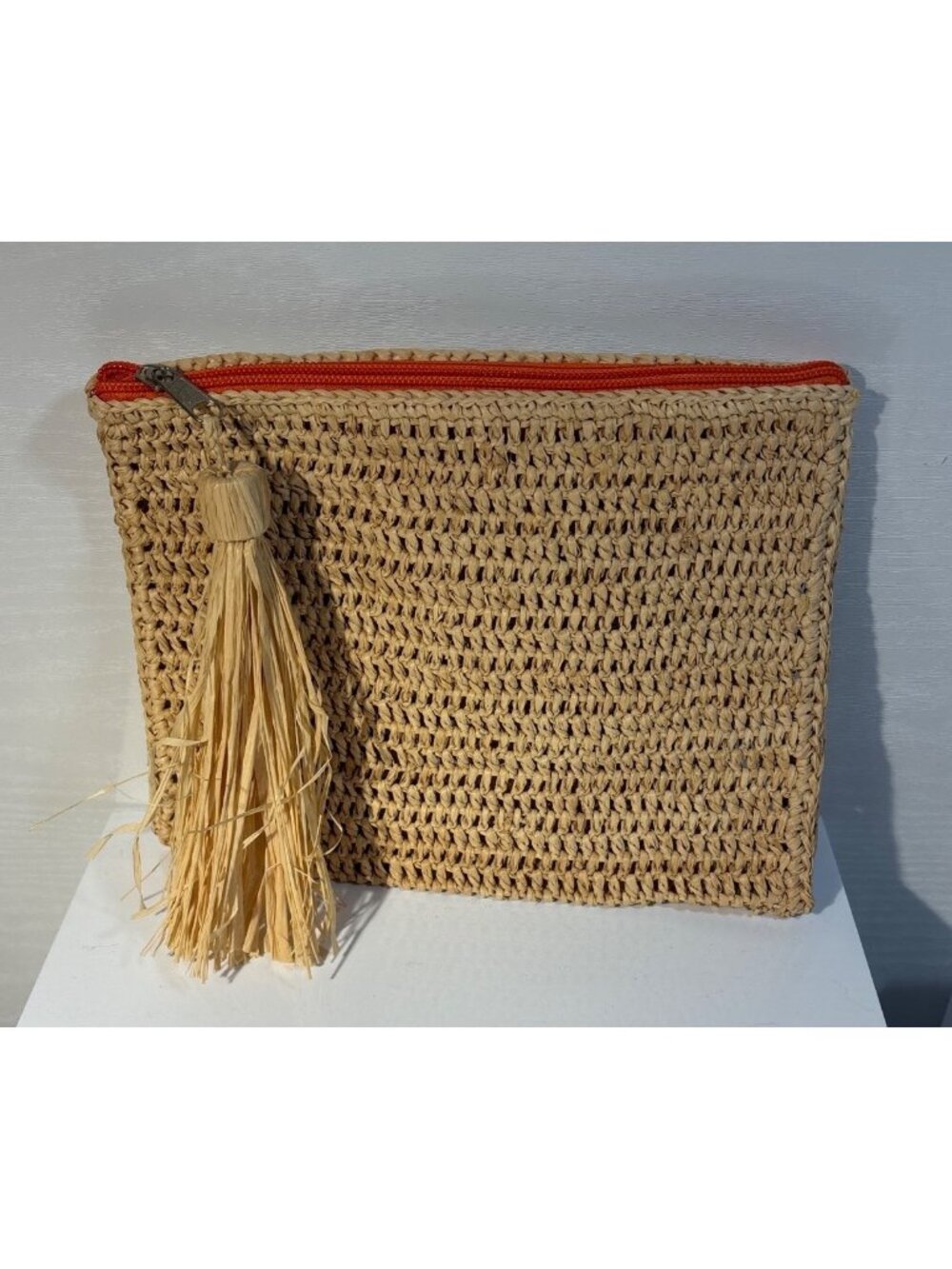 Mar Y Sol Woven Raffia Clutch Orange Zipper & Tassel 8.5 x 6.5" Handmade